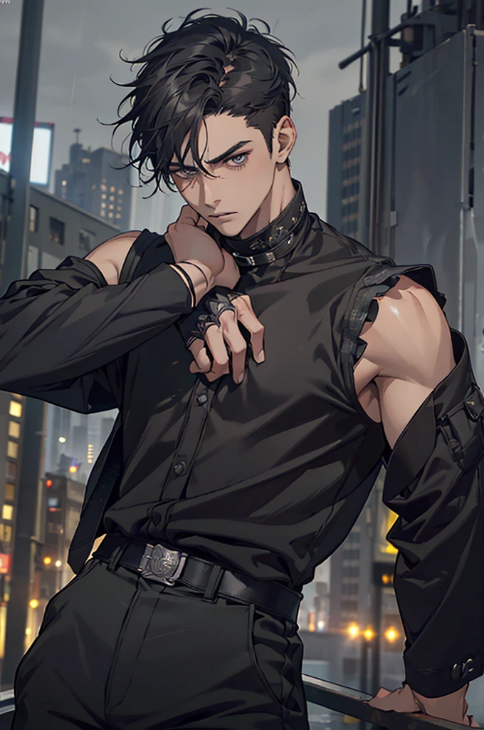 ((Work of art, extremely detailed, looking at screen, dark lighting)), 1 man, 20 years old, buzzcut hair, wearing a black bandana, serious look, in a fighting pose, extremely strong body, wearing a black sleeveless jacket open, mechanical left arm, wide black pants, rainy city scenery in the background.