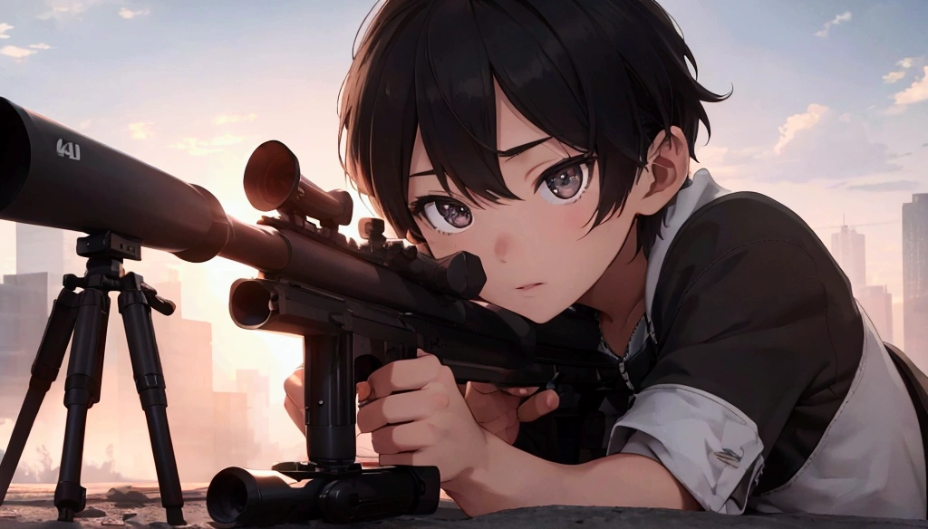 1boy, Sniper, he holds sniper rifle, prone, front view, looking at viewer, cinematic angle, realistic, hyper-realistic, photorealistic, (best quality,4k,8k,highres,masterpiece:1.2),ultra-detailed,(realistic,photorealistic,photo-realistic:1.37),studio lighting,vivid colors,dramatic lighting,