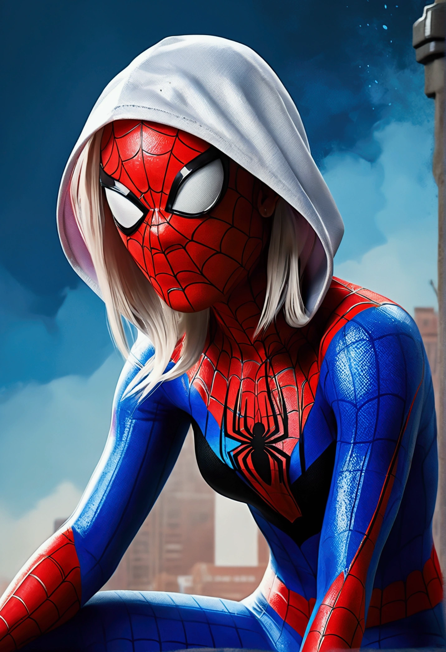 A realistic, hyperrealistic Spidergwen with athletic muscle, textured saturated red and blue trage, in the style of watercolor paint splats, (best quality,4k,8k,highres,masterpiece:1.2),ultra-detailed,(realistic,photorealistic,photo-realistic:1.37),professional,vivid colors,bokeh