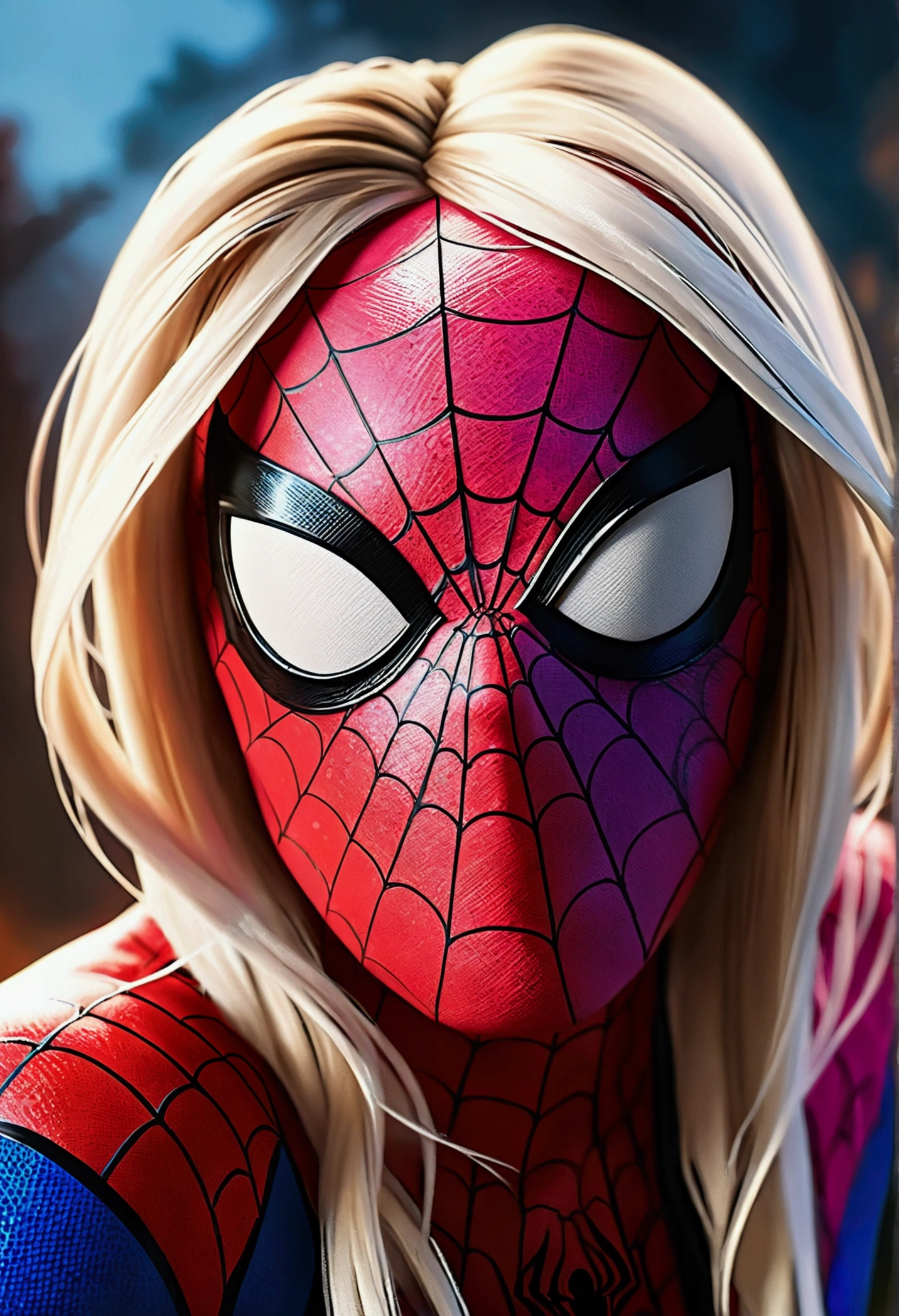 A realistic, hyperrealistic Spidergwen with athletic muscle, textured saturated red and blue trage, in the style of watercolor paint splats, (best quality,4k,8k,highres,masterpiece:1.2),ultra-detailed,(realistic,photorealistic,photo-realistic:1.37),professional,vivid colors,bokeh