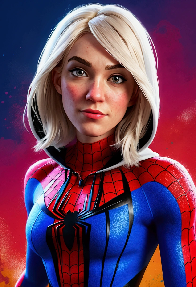 A realistic, hyperrealistic Spidergwen with athletic muscle, textured saturated red and blue trage, in the style of watercolor paint splats, (best quality,4k,8k,highres,masterpiece:1.2),ultra-detailed,(realistic,photorealistic,photo-realistic:1.37),professional,vivid colors,bokeh