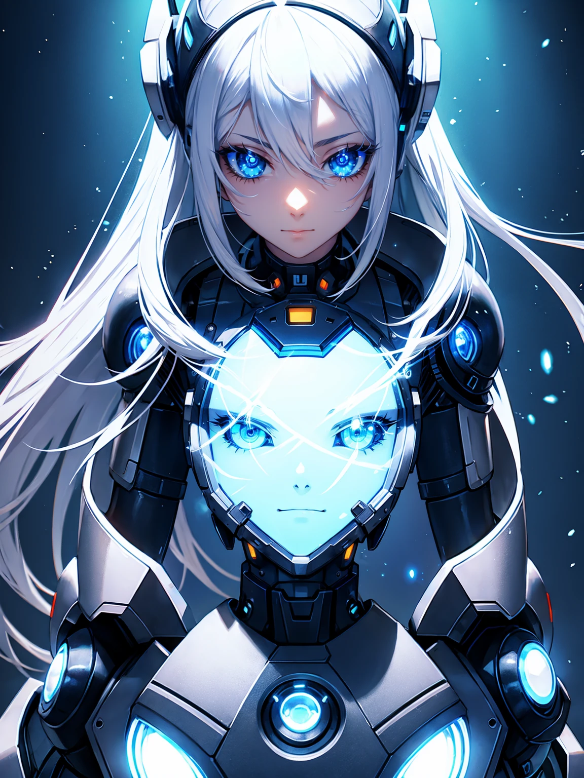 Robot, cyborg girlfriend, shining blue light,silver long hair, blue shining eye