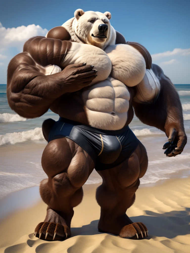 realistic, hyper realistic, detailed muscle,(furry White Polar Bear), good anatomy, masterpiece, art winner, beach, extremely huge muscular, massive muscular, full-body, well-muscled old man. ((extremely muscle size, super thick arms, huge pec, extremely wide pectoral , huge arms, bear paws)).  Black competitive briefs. and add details to make it attractive and interesting. Add textures and details to make the image more realistic, Make sure the resulting image is high resolution, 8K quality."