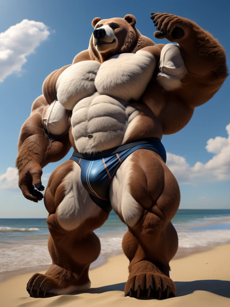 realistic, hyper realistic, detailed muscle,(furry White Polar Bear), good anatomy, masterpiece, art winner, beach, extremely huge muscular, massive muscular, full-body, well-muscled old man. ((extremely muscle size, super thick arms, huge pec, extremely wide pectoral , huge arms, bear paws)).  Black competitive briefs. and add details to make it attractive and interesting. Add textures and details to make the image more realistic, Make sure the resulting image is high resolution, 8K quality."