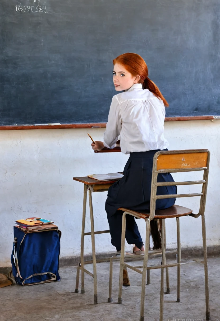 
The girl is sitting at the blackboard in the classroom and writing on the blackboard.. she is redhead, maduro, 18 years, and his photo was taken by someone sitting at the desk.