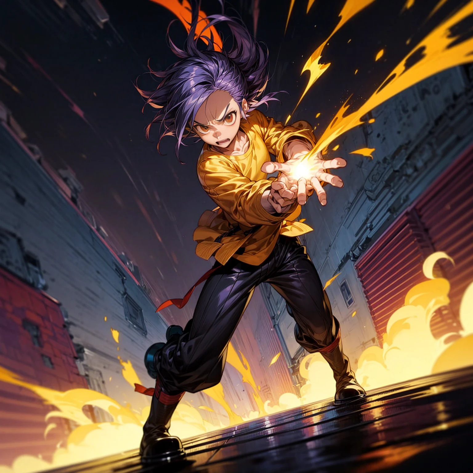 1character, full body version, character is adult male version, hazel eyes, dark purple colour hair, Shaggy hairstyle, clothing style is punk, boots, Grassroots, full background in city, motion blur, flame in hand, standing gesture, (one piece style art), lighting flame in hands