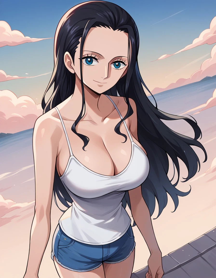 score_9, score_8_up, score_7_up, source_anime, best quality, clear face, 1girl, Nico Robin, black hair, long hair, blue eyes, large breasts, white camisole, shorts, cleavage, smile, looking at viewer, sky, standing, dynamic angle, fold arms