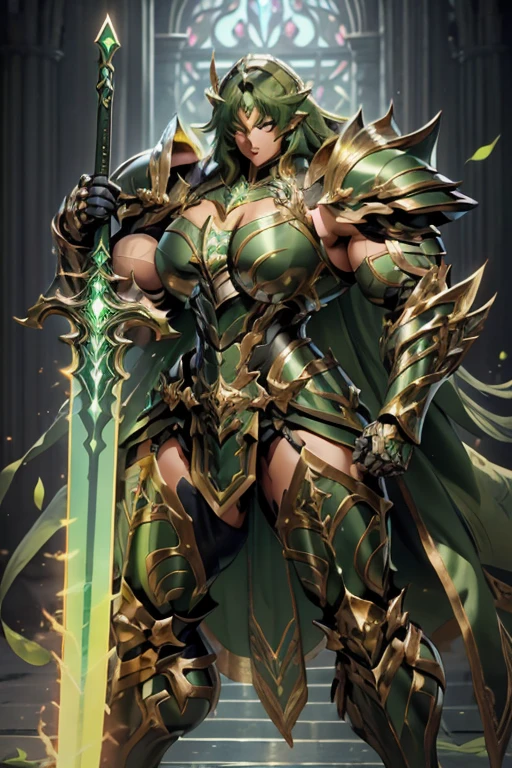 (((Massive beautiful, buff, light brown skinned muscular female saint knight with green hair, black lipstick, ginormous bulky muscles, carrying a giant sword and wearing a green Saint Seiya Gemini Armor))), ((close-up view)), large breast, massive muscles, massive biceps, hyper muscle shoulders, hyper muscle triceps, (long curvy hair), orange eyes, (Paladin boots), (angel metal armor), breastplate, (angel gauntlets), (holy Shoulder armor), closed smile, (in a heavenly castle), Vascular arms, hyper muscles arms, hyper muscle legs, massive buff arms.