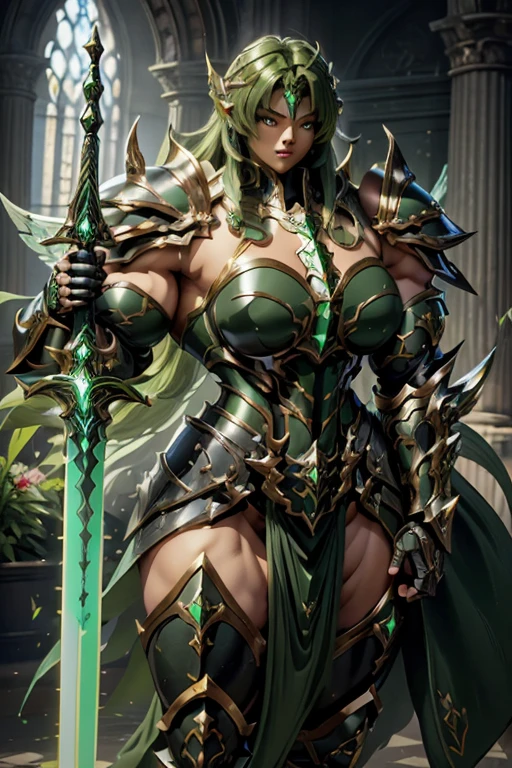 (((Massive beautiful, buff, light brown skinned muscular female saint knight with green hair, black lipstick, ginormous bulky muscles, carrying a giant sword and wearing a green Saint Seiya Gemini Armor))), ((close-up view)), large breast, massive muscles, massive biceps, hyper muscle shoulders, hyper muscle triceps, (long curvy hair), orange eyes, (Paladin boots), (angel metal armor), breastplate, (angel gauntlets), (holy Shoulder armor), closed smile, (in a heavenly castle), Vascular arms, hyper muscles arms, hyper muscle legs, massive buff arms.