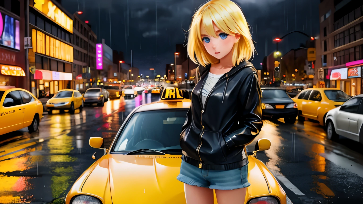 American beautiful blonde girl stands in the middle of a busy road, front view, A lot of cars, cars are moving, yellow taxi, night, rain, фото Canon 5d