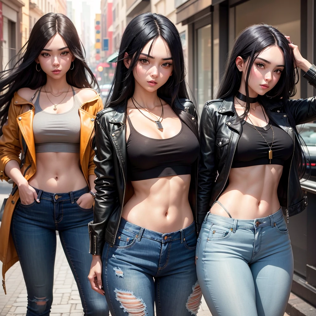 Girl with long black hair with bright geen Is eyes Color.A crop top and with jeans with a rich jacket A necklace what says skittles