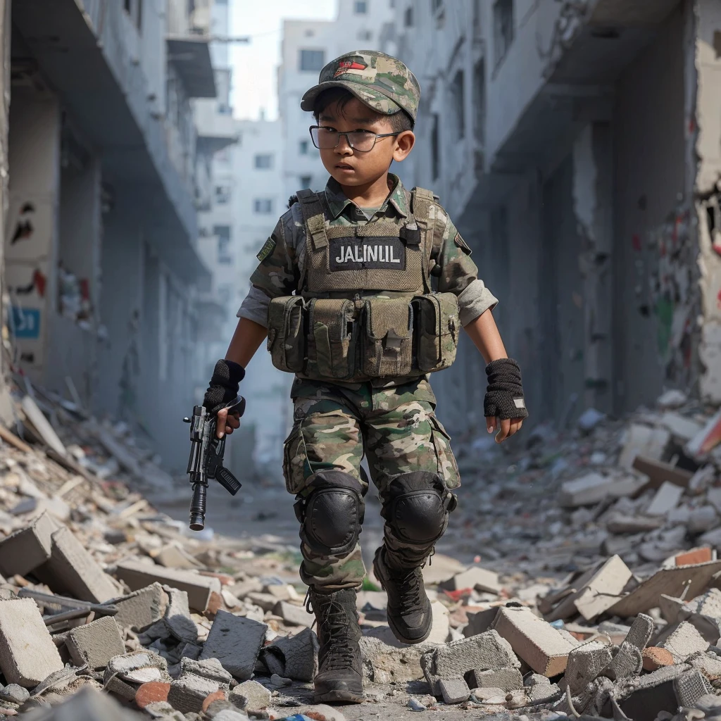 3d realistic images. 10-year-old Indonesian boy wearing camouflage clothing, vest, hat that says "jaeinul"  is walking in the rubble of a Palestinian building, holding a toy gun