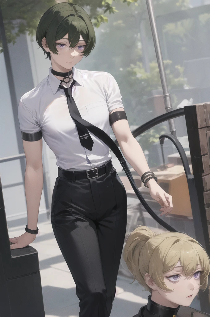 masterpiece, best quality, absurdities, 1man alone, UbelFrieren, purple eyes, short loose hair, black choker, arm strap, bracelet, dress shirt and pants, tie, masculine, no beard, not feminine, totally masculine