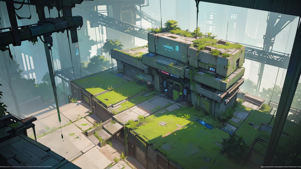 An abandoned futuristic square overgrown with greenery, cyberpunk style, aerial view, dystopian and overgrown plants, ruined architecture, neon lights, moody lighting, dramatic shadows, soft color palette, cinematic composition, high quality, 8k, hyper-detailed, photorealistic, studio lighting, physics-based rendering, RPG setting seen from above like tabletop rpg