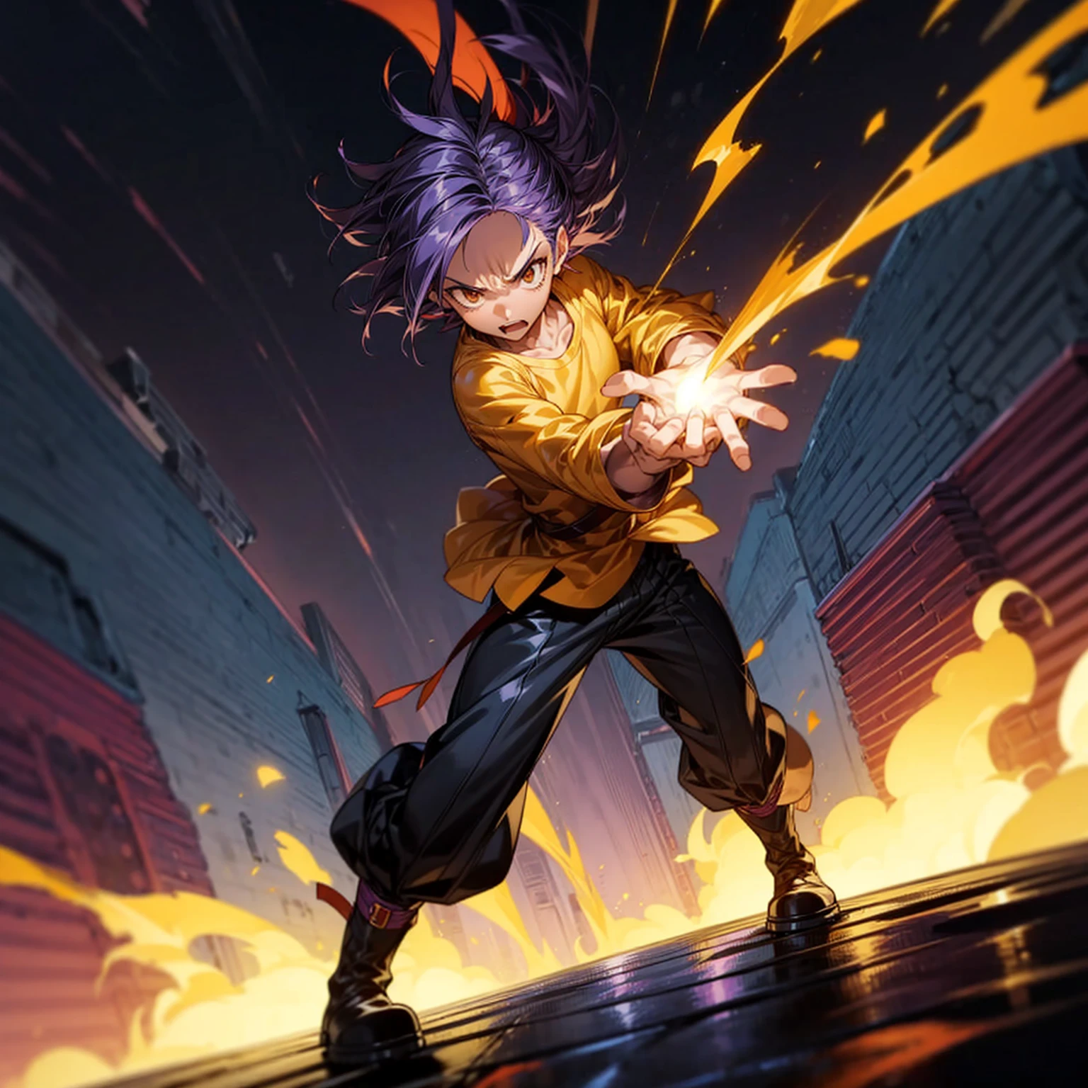 1character, full body version, character is adult male version, hazel eyes, dark purple colour hair, Shaggy hairstyle, clothing style is punk, boots, Grassroots, full background in city, motion blur, flame in hand, standing gesture, (one piece style art), lighting flame in hands