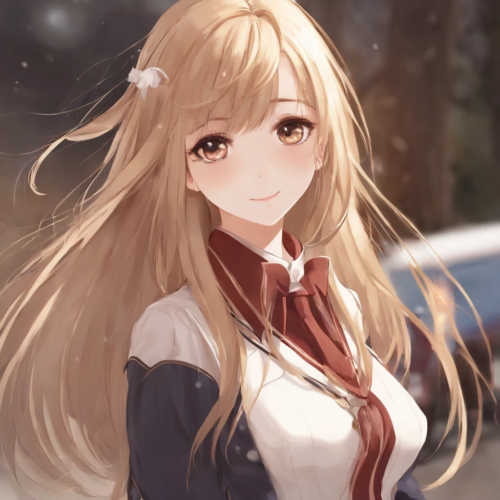 (extremely delicate and beautiful: 1.2), 1 girl, fashion girl, bangss, beautiful eyes, 弓, chestnut hair, cloused mouth, sideways, hair between the eyes, hair 弓, manga curta, gazing at viewer, medium hair, standing alone, trunk, schoolar uniform: 1.3, ((standing alone)), (work of art), blond