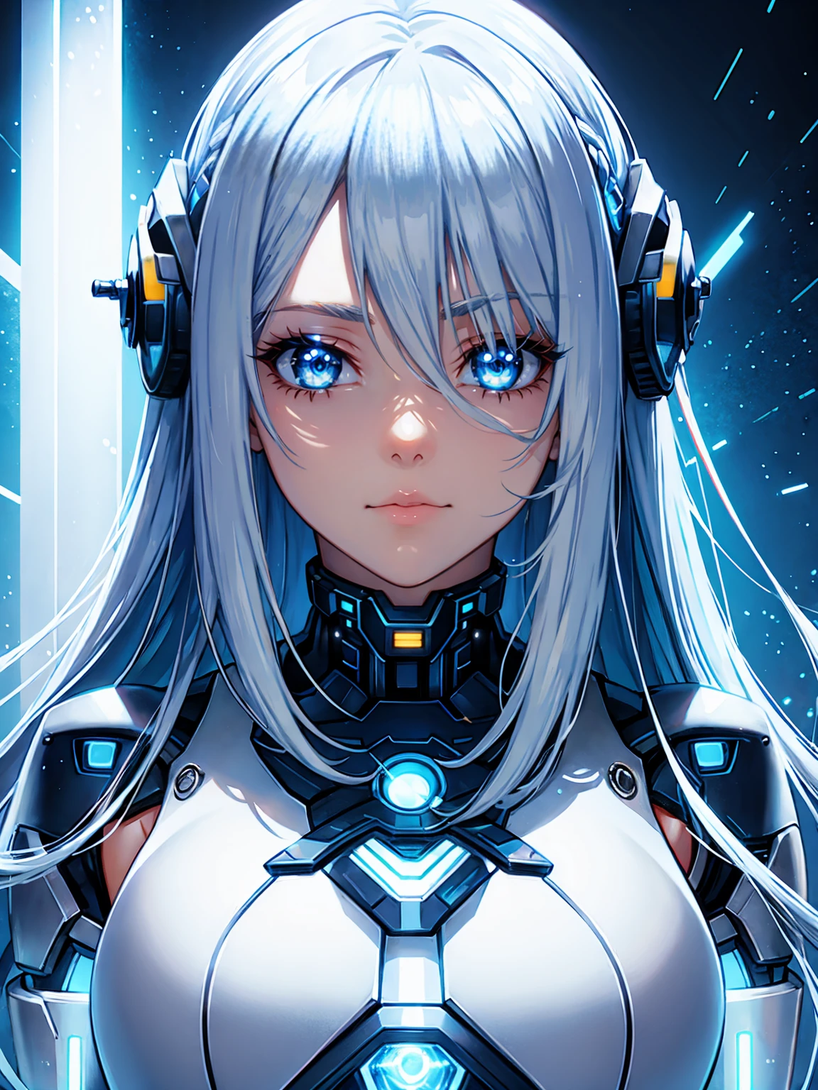 cyborg girlfriend, shining blue light,silver long hair, blue shining eye