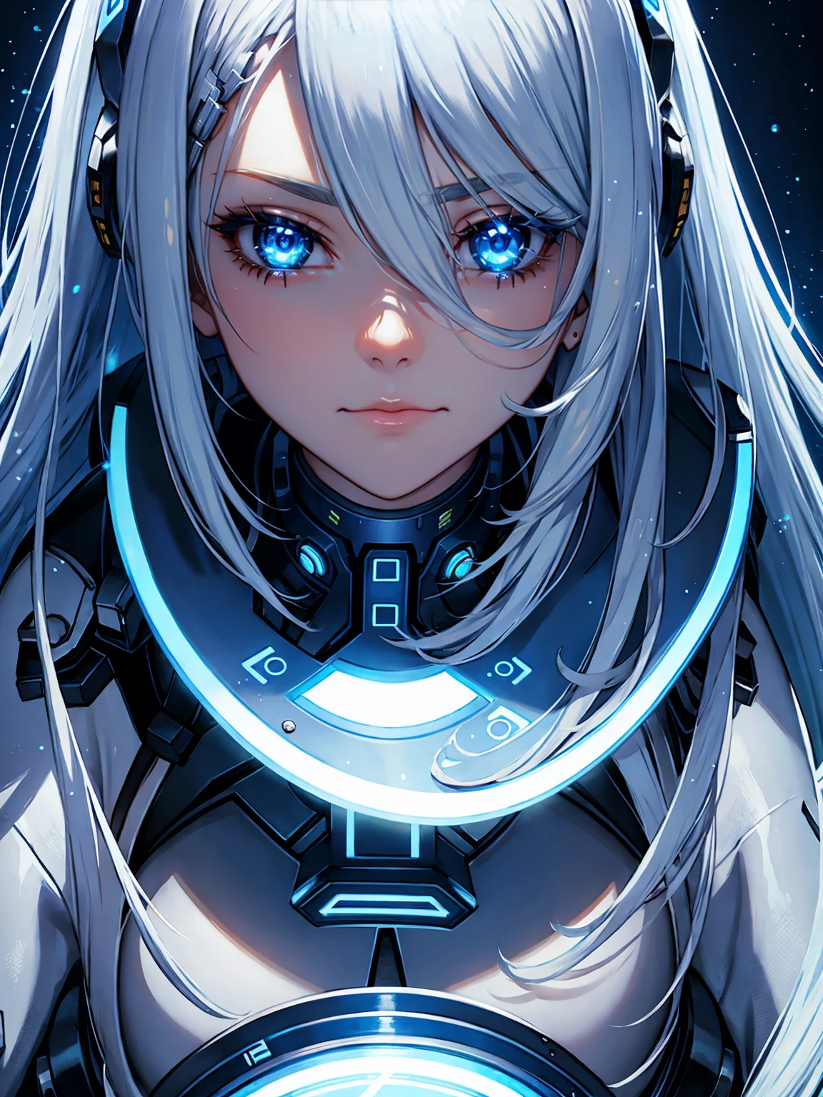 cyborg girlfriend, shining blue light,silver long hair, blue shining eye