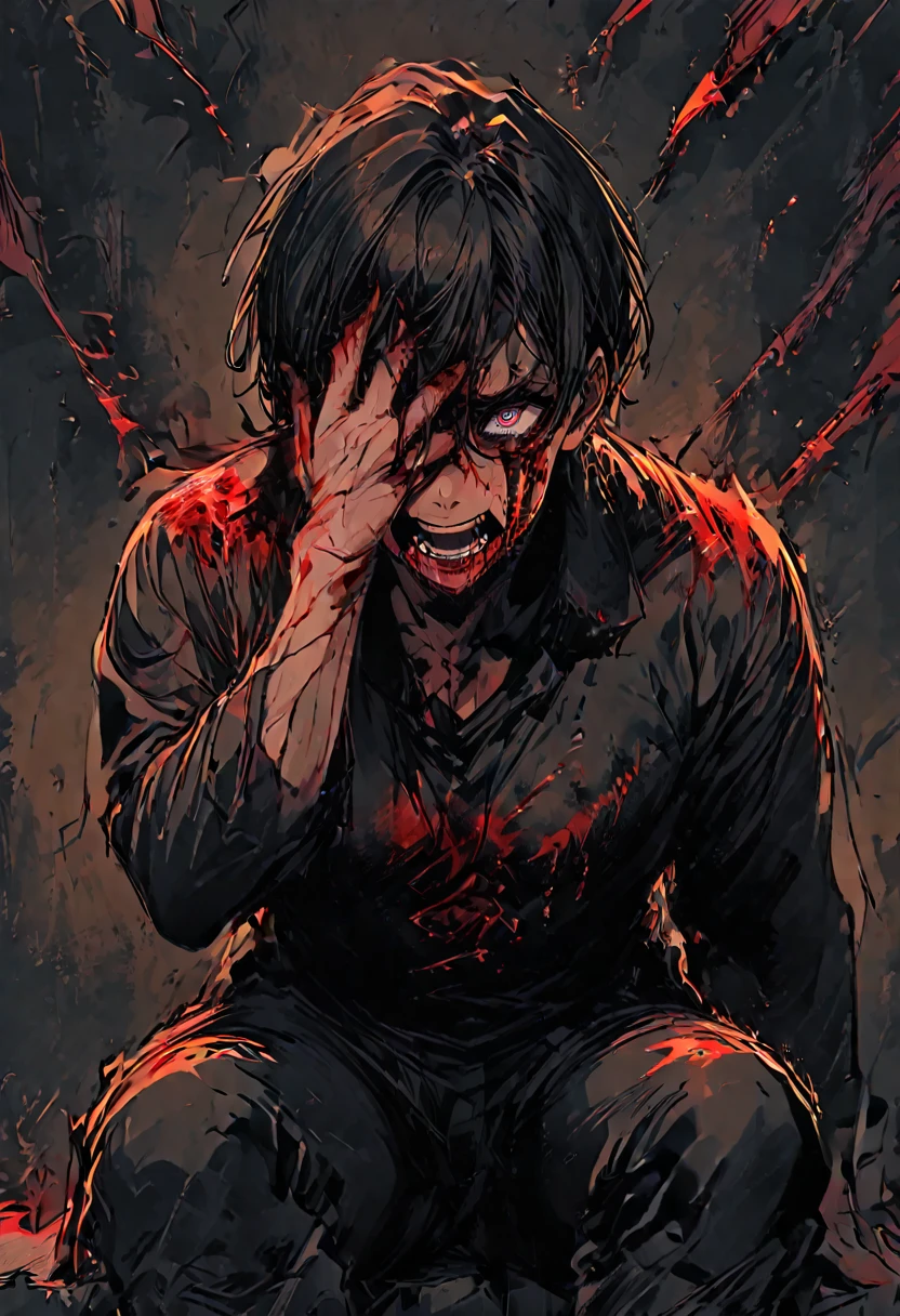 man turning into monster, sitting , hand over his face, covered in blood, screaming face motion. a lot of blood over face hands legs chest shirt pants fingers, of blood coverd in blood. veiny eye that is bloody.