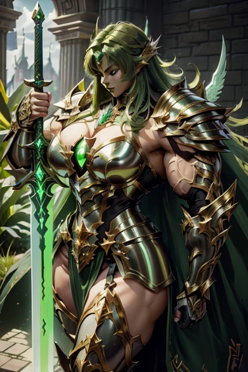 (((Massive beautiful, buff, light brown skinned muscular female saint knight with green hair, black lipstick, ginormous bulky muscles, carrying a giant sword and wearing a green Saint Seiya Gemini Armor))), ((close-up view)), large breast, massive muscles, massive biceps, hyper muscle shoulders, hyper muscle triceps, (long curvy hair), orange eyes, (Paladin boots), (angel metal armor), breastplate, (angel gauntlets), (holy Shoulder armor), closed smile, (in a heavenly castle), Vascular arms, hyper muscles arms, hyper muscle legs, massive buff arms.