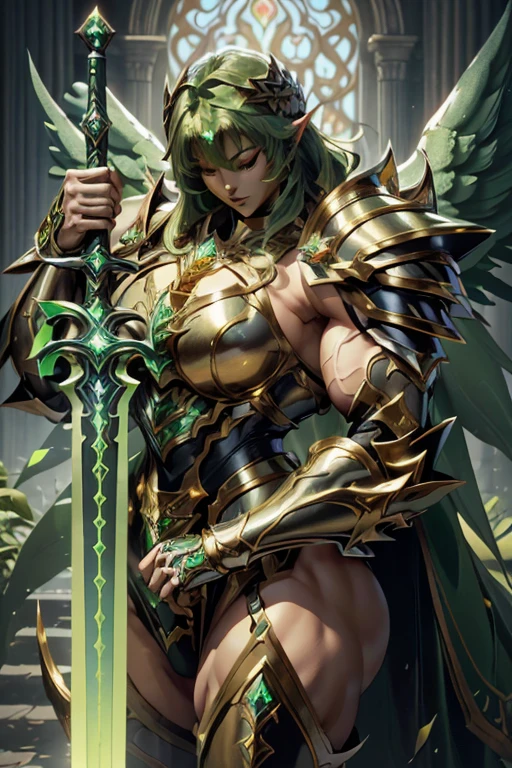 (((Massive beautiful, buff, light brown skinned muscular female saint knight with green hair, black lipstick, ginormous bulky muscles, carrying a giant sword and wearing a green Saint Seiya Gemini Armor))), ((close-up view)), large breast, massive muscles, massive biceps, hyper muscle shoulders, hyper muscle triceps, (long curvy hair), orange eyes, (Paladin boots), (angel metal armor), breastplate, (angel gauntlets), (holy Shoulder armor), closed smile, (in a heavenly castle), Vascular arms, hyper muscles arms, hyper muscle legs, massive buff arms.