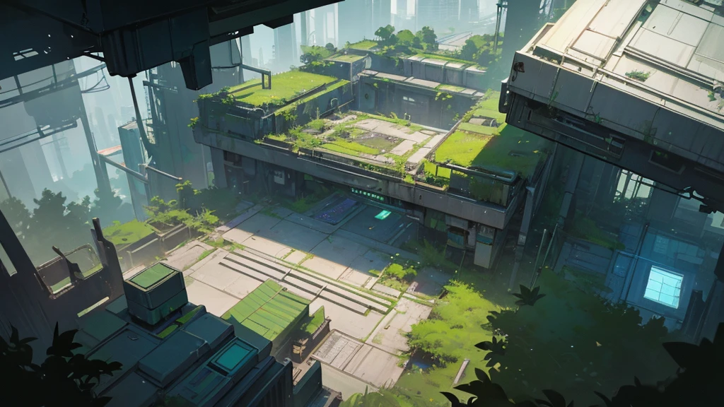 An abandoned futuristic square overgrown with greenery, cyberpunk style, aerial view, dystopian and overgrown plants, ruined architecture, neon lights, moody lighting, dramatic shadows, soft color palette, cinematic composition, high quality, 8k, hyper-detailed, photorealistic, studio lighting, physics-based rendering, RPG setting seen from above like tabletop rpg