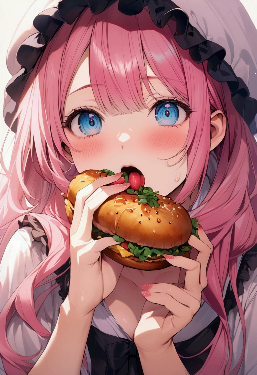 stuff one's mouth full of food、Pink haired woman、blue eyes