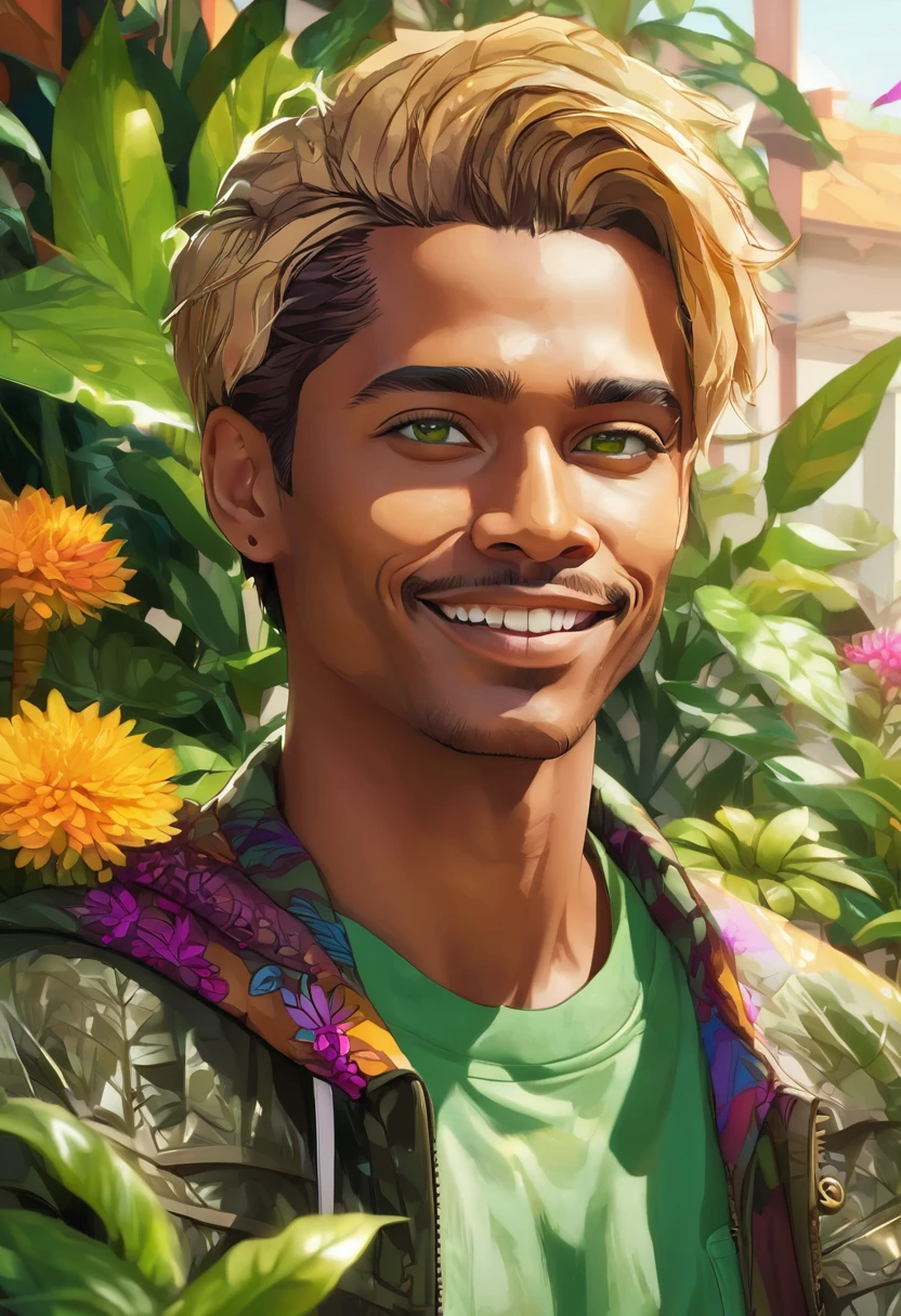1 man, decoration with many plants in the background, wearing clothing in vibrant and geometric colors, masculine green eyes, detailed brown skin, short golden hair, cheerful lighting, cinematic composition, warm palette, daytime environment, warm colors, atmospheric fog, chin fine smiling expression, (best quality, 4K, 8K, high resolution, art: 1.2), ultra-detailed, (realistic, photorealistic, photorealistic: 1.37)