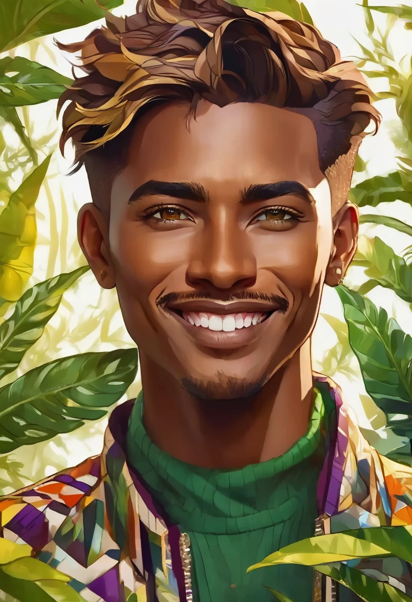 1 man, decoration with many plants in the background, wearing clothing in vibrant and geometric colors, masculine green eyes, detailed brown skin, short golden hair, cheerful lighting, cinematic composition, warm palette, daytime environment, warm colors, atmospheric fog, chin fine smiling expression, (best quality, 4K, 8K, high resolution, art: 1.2), ultra-detailed, (realistic, photorealistic, photorealistic: 1.37)