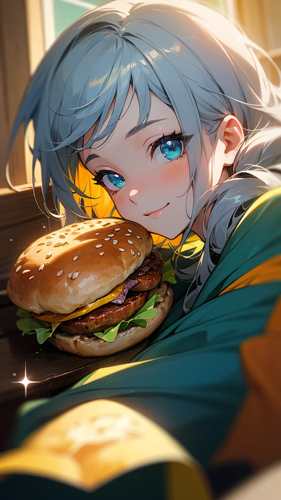 16-year-old girl、Anime style painting、Upper body close-up、smile、From the side, impression, (Oil), Green and orange tones、Silver Hair, (Sparkling Blue Eyes)、Eat hamburger steak