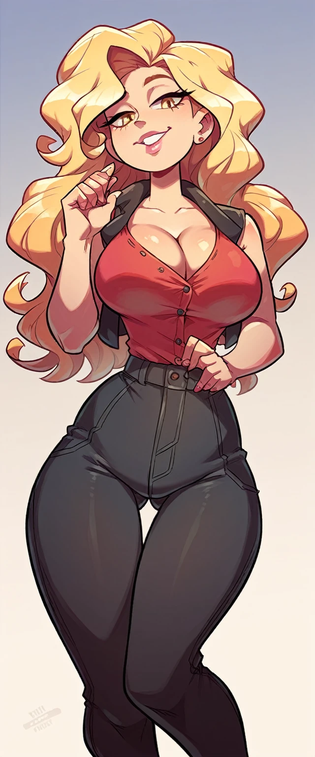 A tall girl, sexy, beautiful, big breast, attractive, sensual, long curly blonde hair, her yellow eye, pink lip, she wears a red office shirt, under a black vest and a black metallic pants, with a large thigh, black heel.