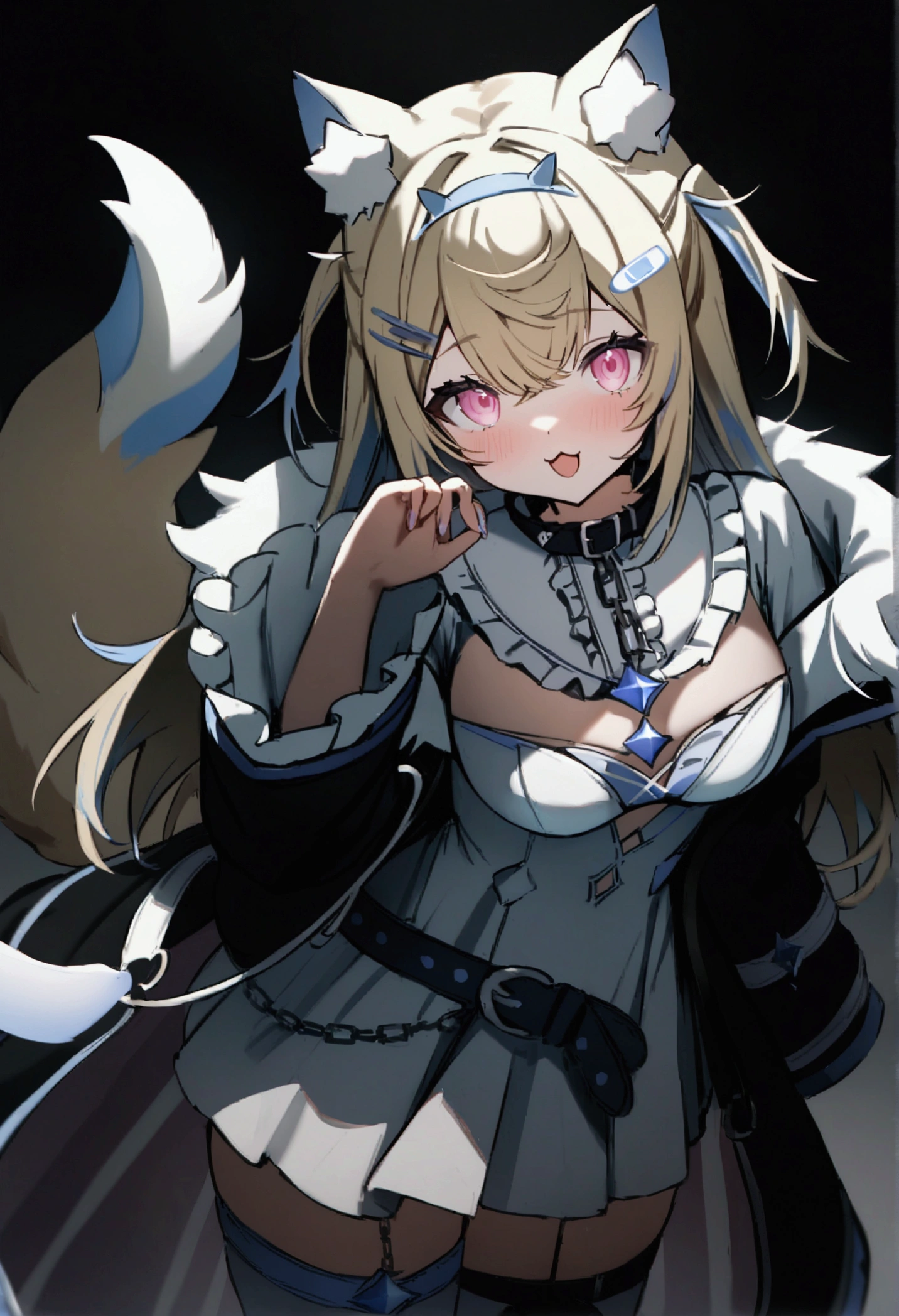 masterpiece, best quality, 1girl, fuwawa abyssgard, hololive, holoadvent, cowboy shot, dog girl, hairband, hairclip, chained belt collar, black jacket, fur-trim, blue belt, white dress, cleavage cutout, animal ears, solo, long hair, tail, collar, thighhighs, breasts, dress, virtual youtuber, pink eyes, animal ear fluff, multicolored hair, :3, :D, blonde hair, looking at viewer, hair ornament,