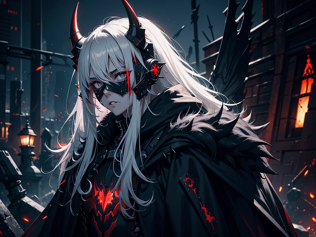 1girl, spiky messy white long hair, all black eyes, blood tears, ear piercings, blood, tattoos, bats, mechanical arms, wearing black robot suit, wearing black fur cloak, mechanical wings, mechanical horns, graveyard, night, high res, ultrasharp, 8k, masterpiece, looking at viewer