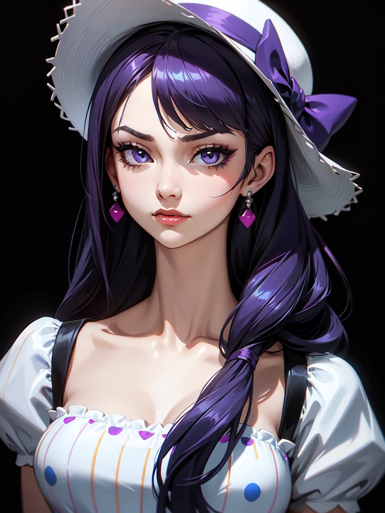 (((Portrait Photo))), She has a Small and Youthful 15-Year-Old Appearance, with a Slender Build, a Slim Figure, and a Volatile Demeanor. She has Long, Straight, Dark Blue Ombre Hair, Styled in a High Ponytail, with Strands Falling Around Her Face. Her Lilac Eyes Sparkle with Determination, Giving Off a Stern Attitude. She Wears a Playful Polka Dot Sundress with a Sweetheart Neckline, Accessorized with a Straw Hat, and Cat-eye Sunglasses. (((High Quality, Dark Background))), (((Portrait Photo)))