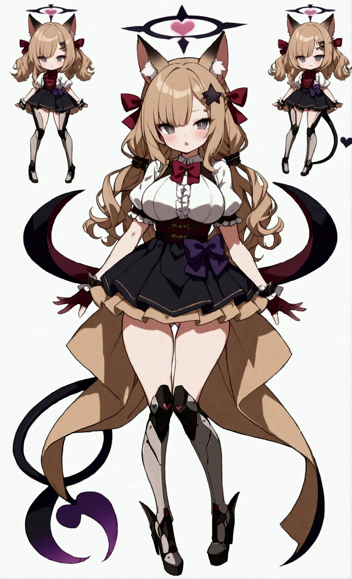 Woman 180cm tall, big chest, wide hip, slim build, charming look, (dark blonde hair), ((hip length loose wavy hair, asymmetrical bangs, star hairpin)), (a short braid on the left and right side of the hair tied with an elegant purple ribbon), (small ribbons at the back of the hair), ((Gray eyes with a pink 4-pointed star in the pupil)), (two black fox ears located on the top of the head), (luminous black halo in the shape of a 4-pointed star on the head), ((It has a small black succubus tail that ends in the shape of a heart)), (((It has complex mechanical legs that reach up to the thighs., The legs are dark gray with small burgundy and black details))), (elegant knee length one piece dress, small Vinotinto bowtie on the neck of the dress, white bust with vertical black lines, lace and ruffle skirt, short sleeves with ruffles, medium tape on the back of the hip of the dress, ribbon decorations and star patterns on the dress), black ruffled gloves, Black platform heels, gray belt at the waist with a large ribbon with a luminous pink heart in the middle, black necklace with a heart pendant on the neck, (((character design sheet: front view))), ((whole body)), extremely detailed beautiful hair, beautiful detailed dress, extremely detailed arms, extremely detailed face, (Extremely detailed hands), perfect hands, small face, Beautiful detailed eyes, beautiful detailed lips, adorable, extremely detailed legs, (Best Quality, 8k, high resolution), ultra detailed, Exquisite and epic character art, ((White background)), (Focus on symmetry), (beautiful detailed succubus tail)