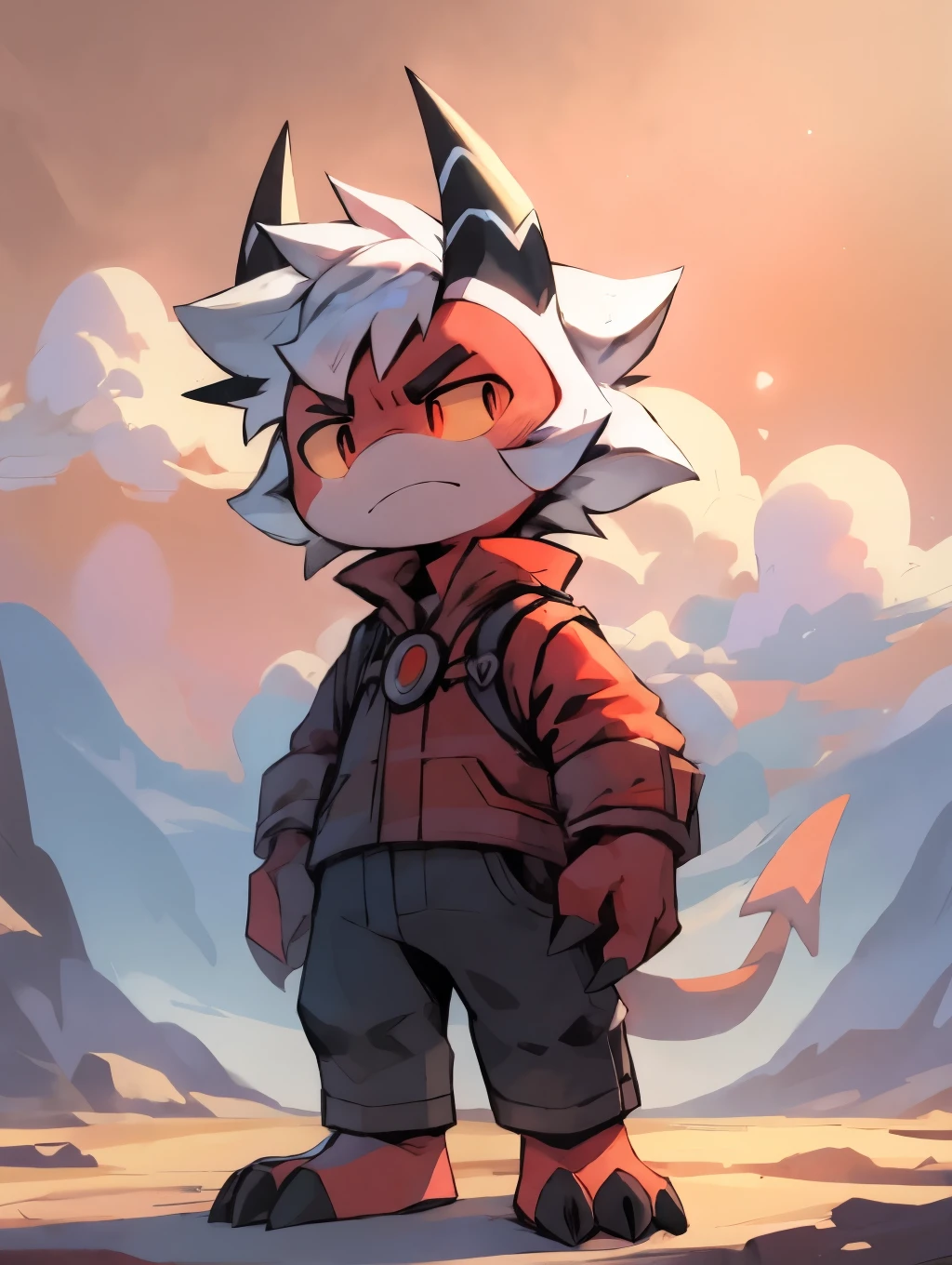 shota，White color hair ，male people，Q version，（toddlers，baby）， adolable， standing on your feet， Master masterpieces， A high resolution，8k，detailedbackground，high high quality，Libido boy，（（（solo））），(black devil horns with white lines，Black and red clothes，clawed paws：0.6)，looking at viewert，angle of view，From above，Dreamlike，magical，magma，volcanoes，（Warm light source：1.2），upper sky，On the clouds，A look of disgust，shorter pants, red skin