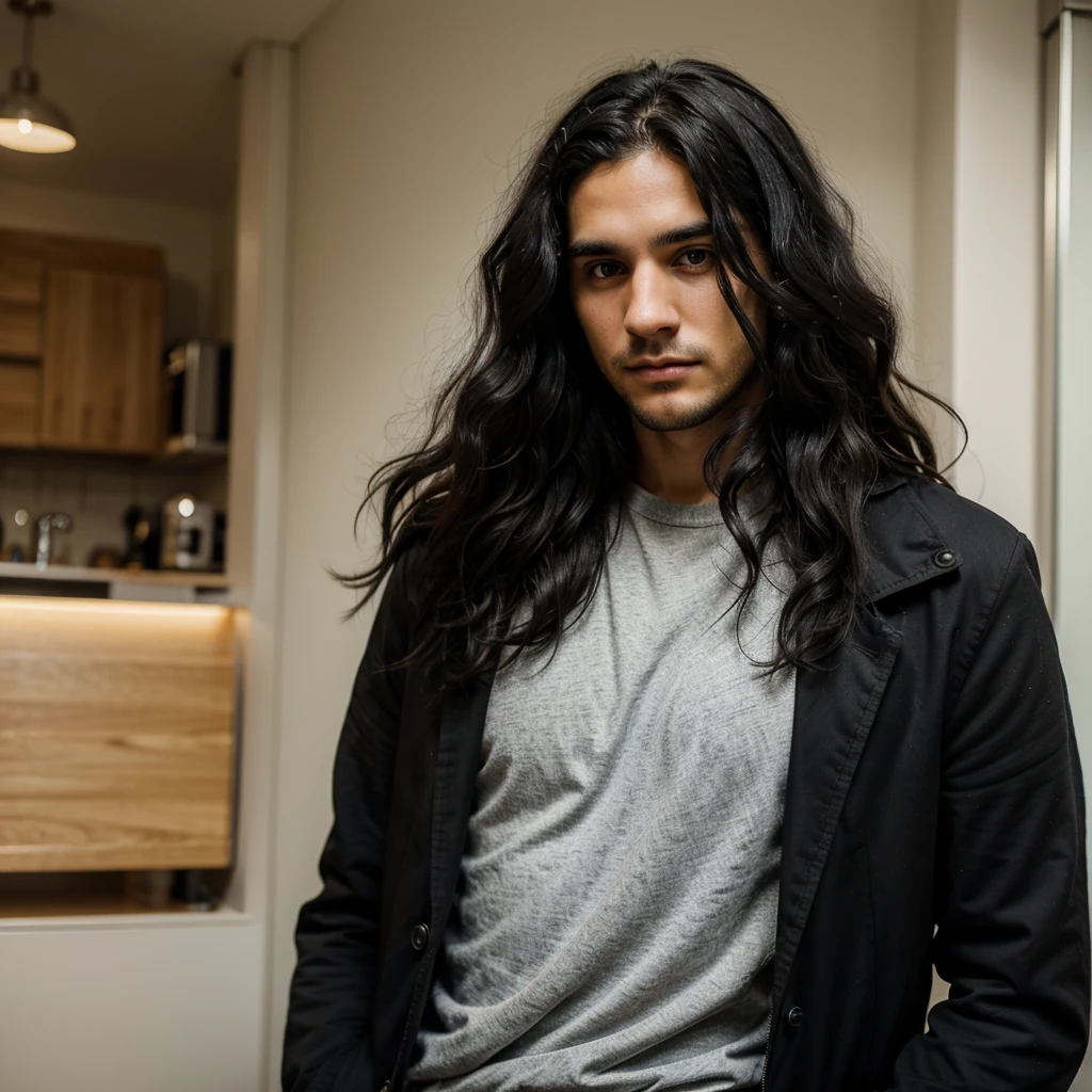 27-year-old man with wavy black hair and inquisitive semi-resilism style eyes 