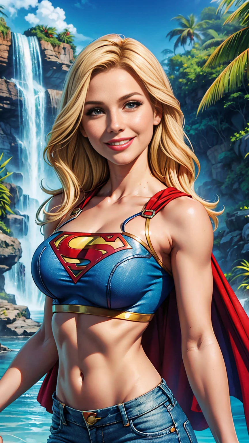 Supergirl, blonde hair, Close up of breasts, pokies, blue crop top, denim bahama shorts, tropical waterfall location, smile