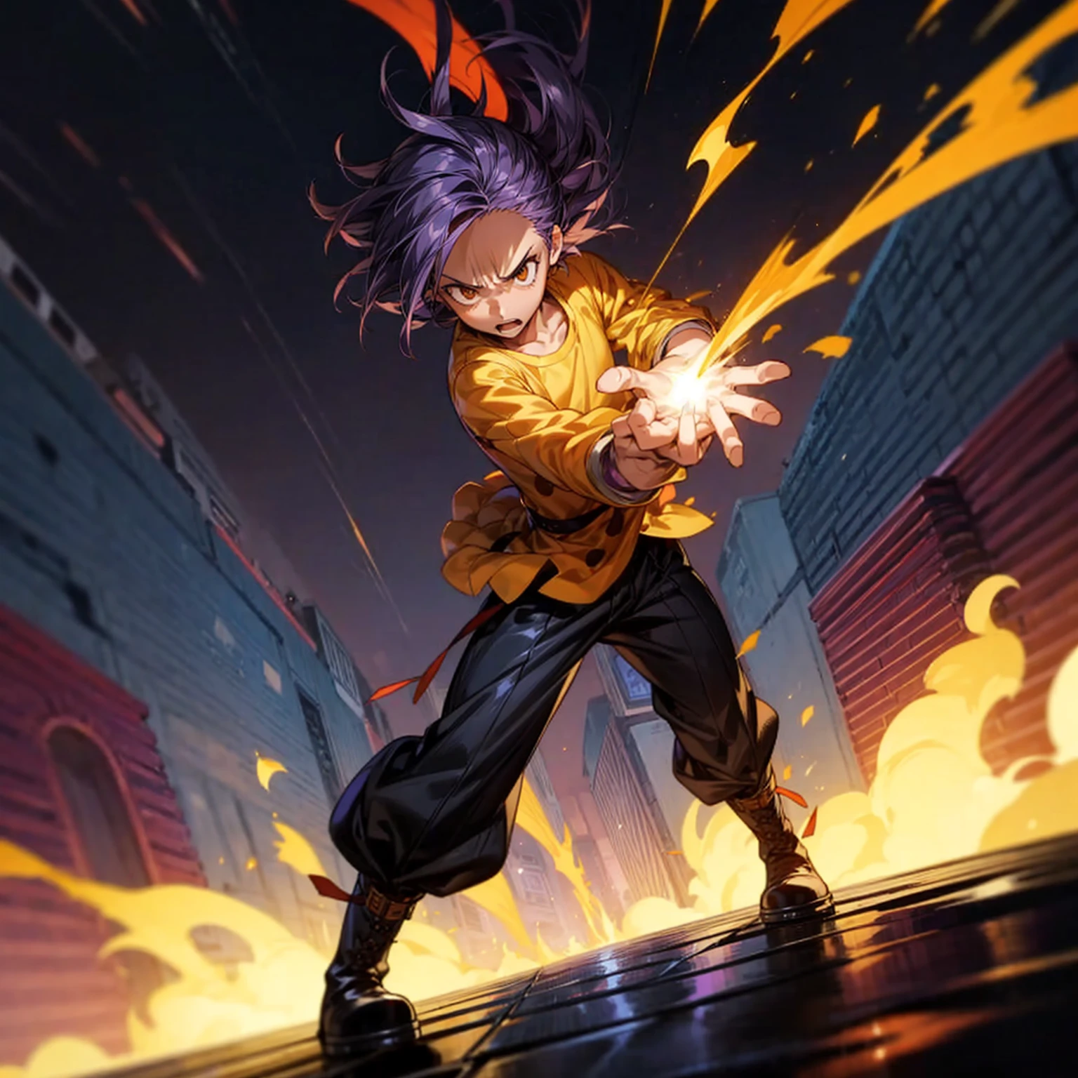 1character, full body version, character is adult male version, hazel eyes, dark purple colour hair, Shaggy hairstyle, clothing style is punk, boots, Grassroots, full background in city, motion blur, flame in hand, standing gesture, (one piece style art), lighting flame in hands