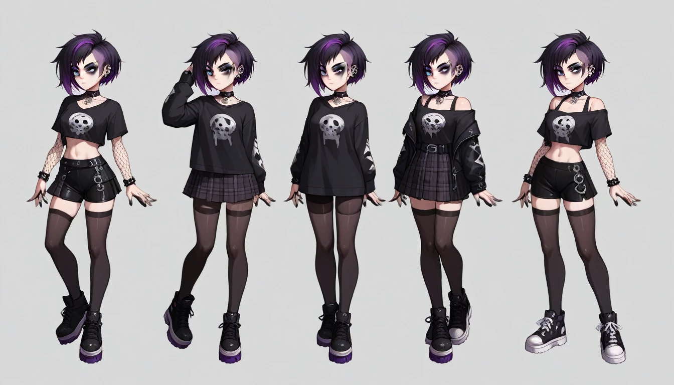 Solo, score_9,score_8_up,score_7_up, source_girl, goth girl, teenage female, black hair, goth style hair, wearing black bike shorts, black spandex shorts, 1.3, goth makeup, fishnet, wearing goth clothes, goth, emo, goth outfit, standing, solo, full body, blue eyes, black clothes, plaid skirt, black spandex shorts, (short hair), character design, paper doll sheet, (purple highlights), Black and purple hair,