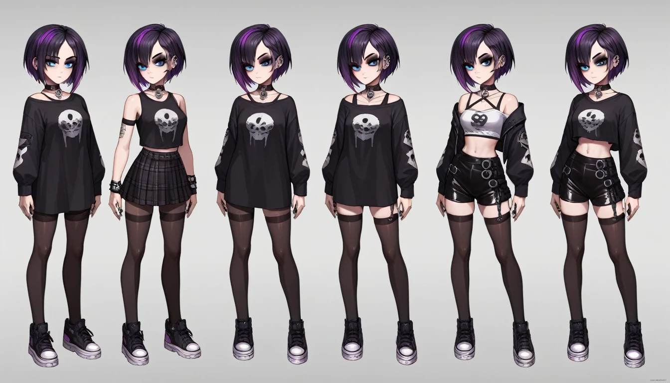 Solo, score_9,score_8_up,score_7_up, source_girl, goth girl, teenage female, black hair, goth style hair, wearing black bike shorts, black spandex shorts, 1.3, goth makeup, fishnet, wearing goth clothes, goth, emo, goth outfit, standing, solo, full body, blue eyes, black clothes, plaid skirt, black spandex shorts, (short hair), character design, paper doll sheet, (purple highlights), Black and purple hair,