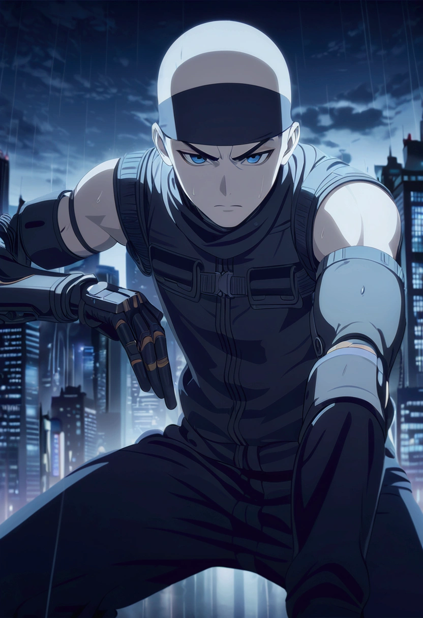 ((Work of art, extremely detailed, looking at screen, dark lighting)), 1 man, 20 years old, buzzcut hair, wearing a black bandana, serious look, in a fighting pose, extremely strong body, wearing a black sleeveless jacket open, mechanical left arm, wide black pants, rainy city scenery in the background.