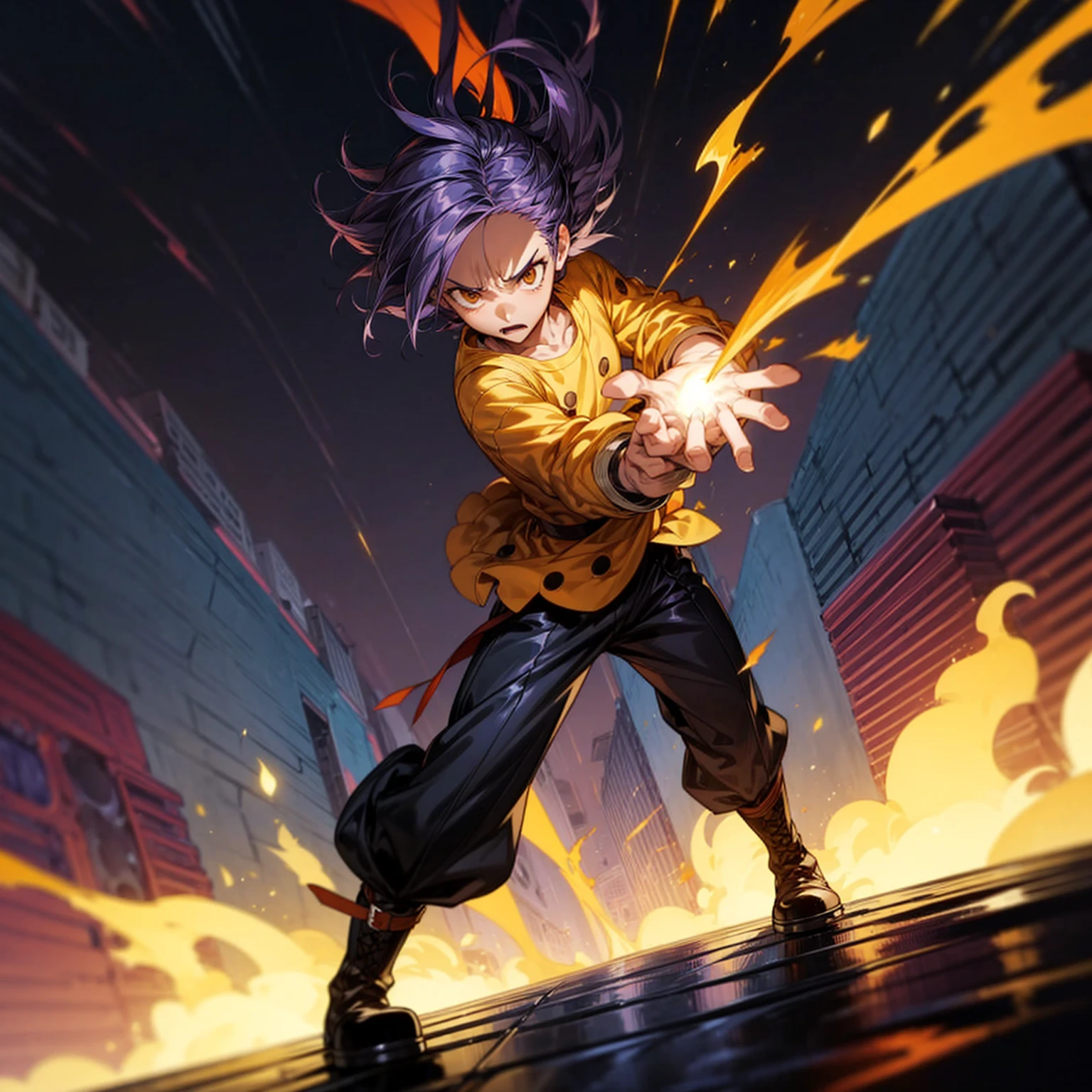 1character, full body version, character is adult male version, hazel eyes, dark purple colour hair, Shaggy hairstyle, clothing style is punk, boots, Grassroots, full background in city, motion blur, flame in hand, standing gesture, (one piece style art), lighting flame in hands