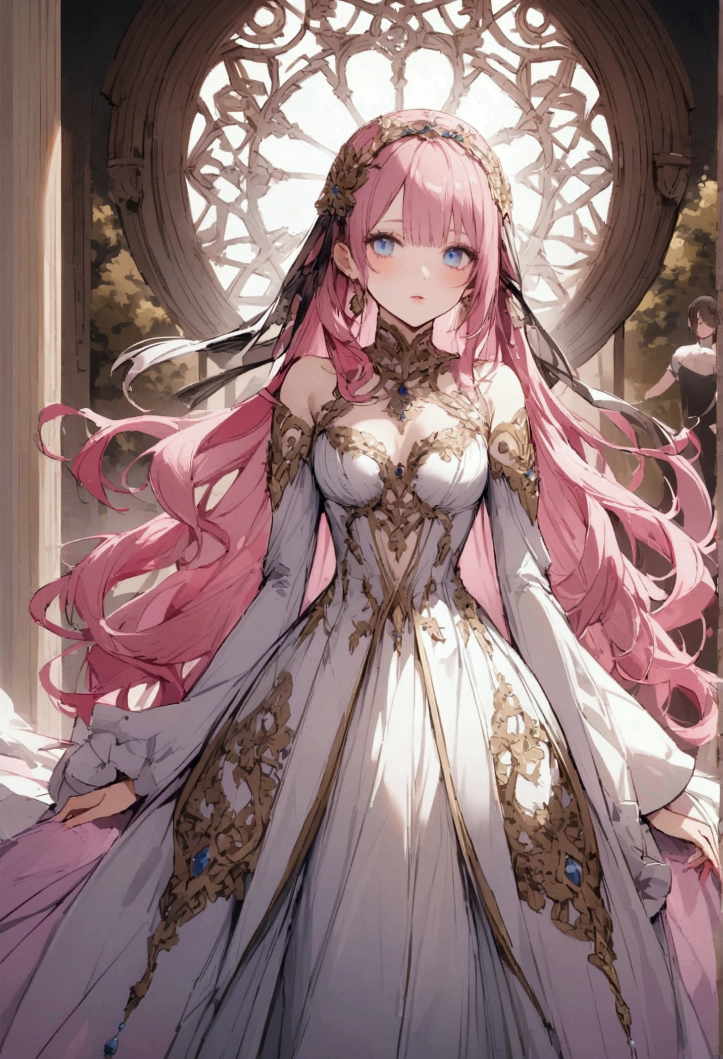 (Best quality, A high resolution, Textured skin, High quality, High details,Extremely detailed CG unity),teens girl，Enchanted，Divine happiness，Being in love，(Light Victorian dress:1.2)，Pink hair，eBlue eyes，(Fabric headdress)，Maximalism，Multiple layers of delicate ruffles，Lots of lace，Multi-colored cloth，Delicate embroidery，Delicate pattern，Fabric headdress，exquisite costumes，see-through transparent clothes，Bedrooms，the night，glittery，(Dazzle:1.2)，Movie lighting，the night，solo person，Fluttering skirt，