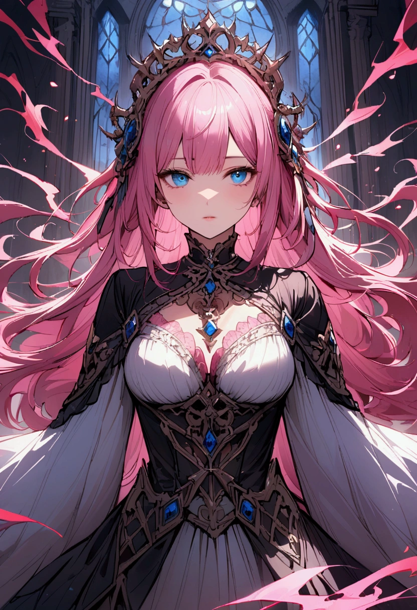 (masterpiece, 8K, Absurd, Digital Art, Digそれal Illustration, Realistic, Very detailed, Realistic lighting), (Perfect Face, Perfect Eyes, Perfect body),Lilia, One Girl、Pink long hair、blue eyes、White dress with black lace、A big pink ribbon on her chest., Meditating, Dusk, Symmetrical, Close-up, Dim and mystical, Character's hands, Stone-like, Spiritual, anime style, attractive anime, pixiv fan art