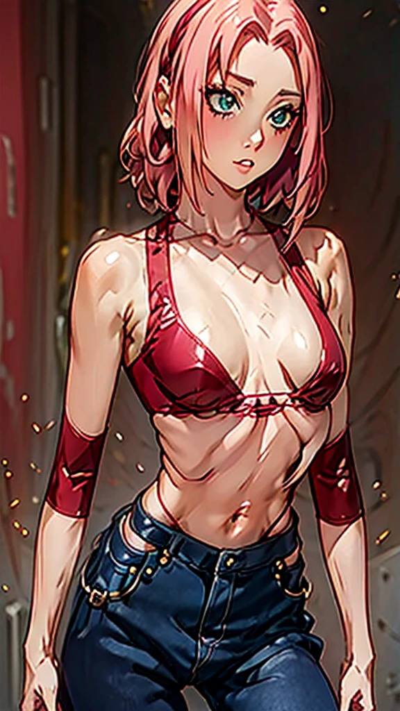 sakura haruno, 1girl, solo, breasts,ample bust, short pink hair, bra, white background, collarbone, upper body, ribcage visible, flat stomach, Long jeans, happy, emphasis lines, looking at viewer, disgusted facial expression