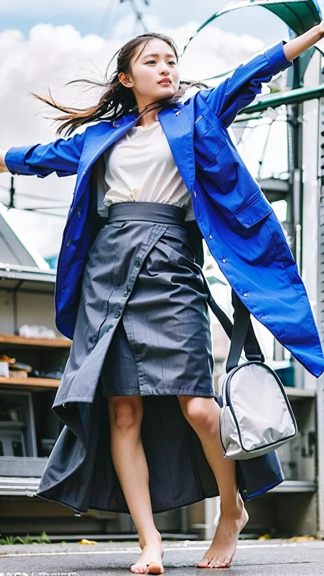((Low angle shooting、No underwear、Viewing angle from below、Highest quality、masterpiece、32k、Every detail countasterpiece,Highest quality, (Realistic:1.5), (Real Skin:1.5), One girl,))、Go down the stairs at the station、commute、whole body、Loose-fitting camisole、Strong winds、(((A strong wind blows my hair and skirt away:1.62)))、One Girl、(((The shoulder strap of the bag can be worn diagonally across the body:1.4、mini skirt, No underwear:1.22、Big Breasts、barefoot)))、