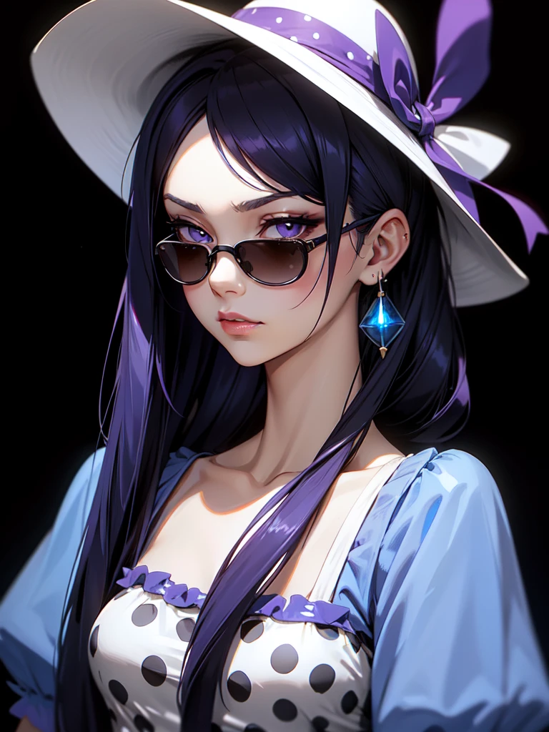 (((Portrait Photo))), She has a Small and Youthful 15-Year-Old Appearance, with a Slender Build, a Slim Figure, and a Volatile Demeanor. She has Long, Straight, Dark Blue Ombre Hair, Styled in a High Ponytail, with Strands Falling Around Her Face. Her Lilac Eyes Sparkle with Determination, Giving Off a Stern Attitude. She Wears a Playful Polka Dot Sundress with a Sweetheart Neckline, Accessorized with a Straw Hat, and Cat-eye Sunglasses. (((High Quality, Dark Background))), (((Portrait Photo)))