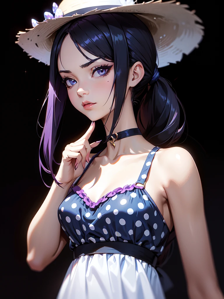 (((Portrait Photo))), She has a Small and Youthful 15-Year-Old Appearance, with a Slender Build, a Slim Figure, and a Volatile Demeanor. She has Long, Straight, Dark Blue Ombre Hair, Styled in a High Ponytail, with Strands Falling Around Her Face. Her Lilac Eyes Sparkle with Determination, Giving Off a Stern Attitude. She Wears a Playful Polka Dot Sundress with a Sweetheart Neckline, Accessorized with a Straw Hat, and Cat-eye Sunglasses. (((High Quality, Dark Background))), (((Portrait Photo)))