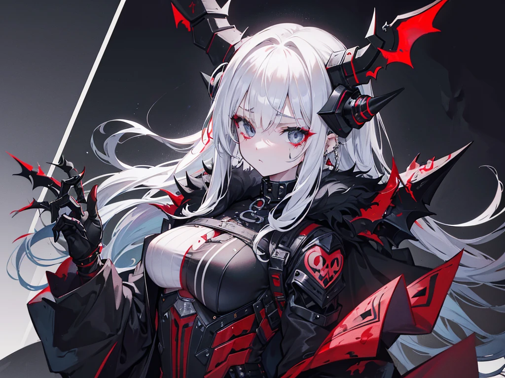 Girl, white hair, have black horn, goth Clothes, wallpaper in city, scary smile, scary red eyes